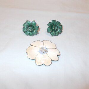 Vintage white enamel flower brooch and green screw-back earrings